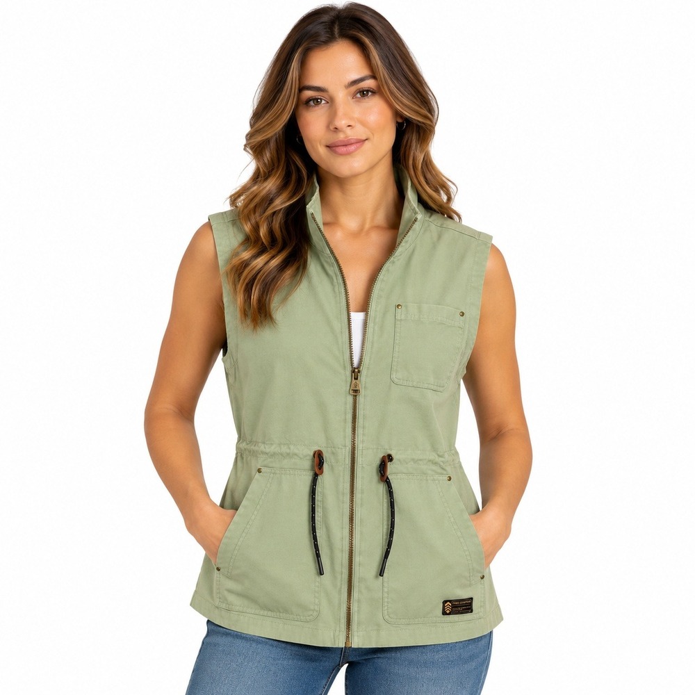 Free Country Sage Green Canvas Utility Vest Flannel Lined Drawstring Waist Med